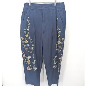 Sundance Pants Floral Embroidered Women 10 Blue Cotton Pleated Straight Leg Boho